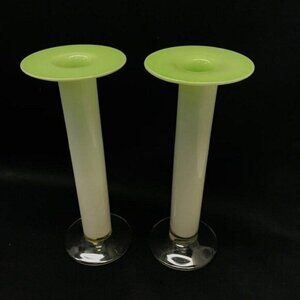 Vintage Gorgeous Designs White Green Glass Candle Holders 10" Tall Set of 2